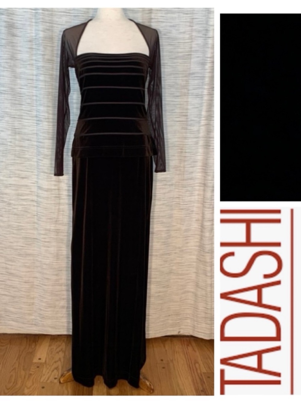 Tadashi brown two-piece velvet and mesh top and skirt set.